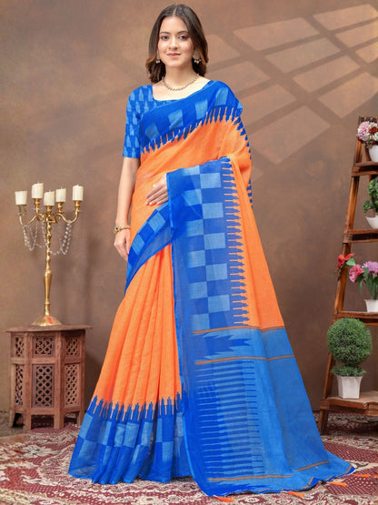 Rajwada Orange Cotton Blend Printed Saree For Women