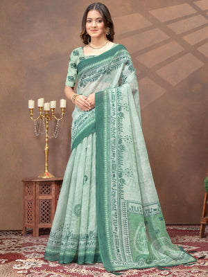 Rajwada Light Green Cotton Blend Printed Saree For Women