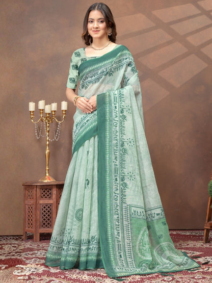 Rajwada Light Green Cotton Blend Printed Saree For Women