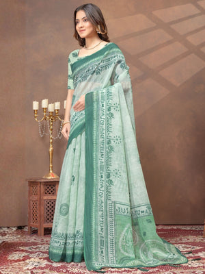 Rajwada Light Green Cotton Blend Printed Saree For Women