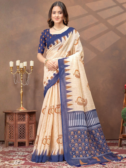 Rajwada Beige Cotton Blend Printed Saree For Women