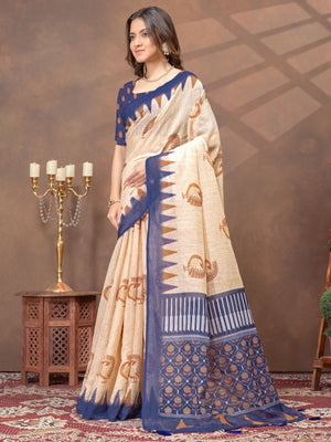 Rajwada Beige Cotton Blend Printed Saree For Women