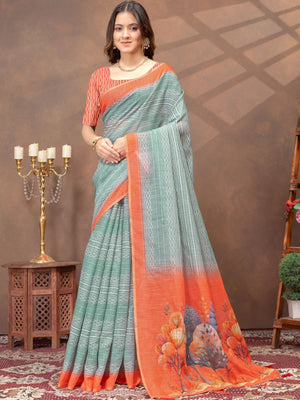 Rajwada Light Teal Cotton Blend Printed Saree For Women