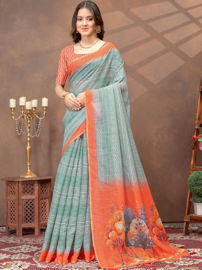 Rajwada Light Teal Cotton Blend Printed Saree For Women