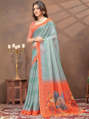 Rajwada Light Teal Cotton Blend Printed Saree For Women