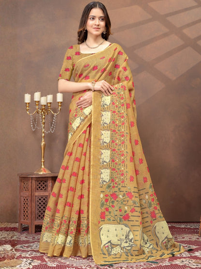 Rajwada Beige Cotton Blend Printed Saree For Women