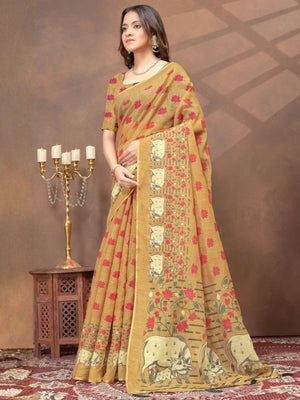 Rajwada Beige Cotton Blend Printed Saree For Women