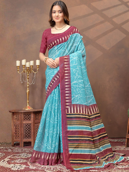 Rajwada Sky Blue Cotton Blend Printed Saree For Women