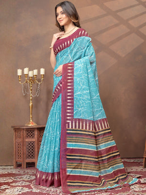 Rajwada Sky Blue Cotton Blend Printed Saree For Women