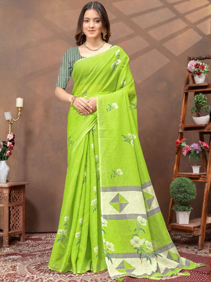 Rajwada Light Green Cotton Blend Printed Saree For Women