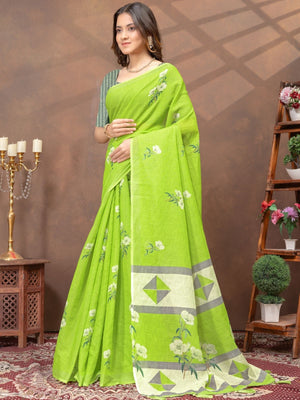 Rajwada Light Green Cotton Blend Printed Saree For Women