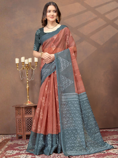 Rajwada Brown Cotton Blend Printed Saree For Women