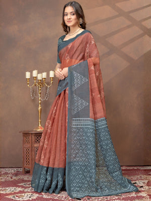 Rajwada Brown Cotton Blend Printed Saree For Women