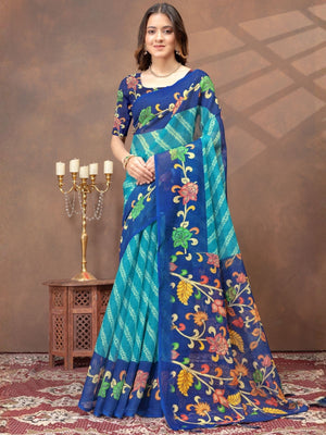 Rajwada Light Blue Cotton Blend Printed Saree For Women