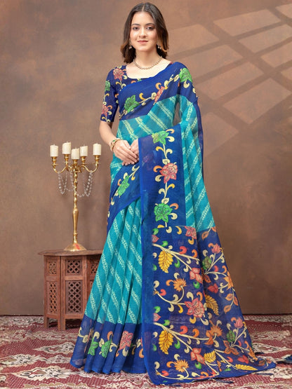 Rajwada Light Blue Cotton Blend Printed Saree For Women