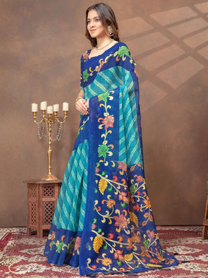 Rajwada Light Blue Cotton Blend Printed Saree For Women