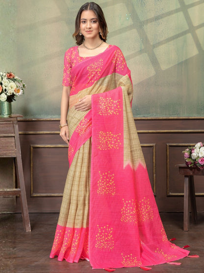 Rajwada Beige Cotton Blend Printed Saree For Women