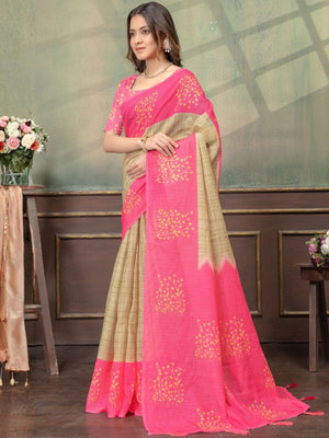 Rajwada Beige Cotton Blend Printed Saree For Women