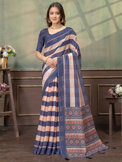 Rajwada Blue And Peach Cotton Blend Printed Saree For Women