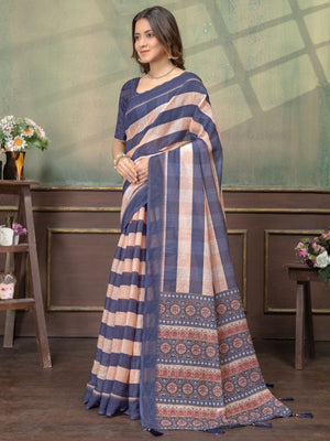 Rajwada Blue And Peach Cotton Blend Printed Saree For Women
