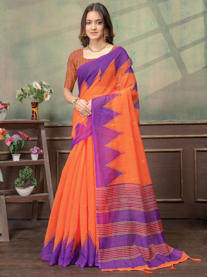 Rajwada Orange And Purple Cotton Blend Printed Saree For Women