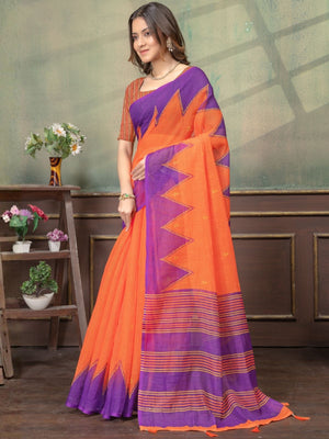 Rajwada Orange And Purple Cotton Blend Printed Saree For Women