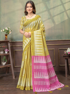 Rajwada Mustard Yellow Cotton Blend Printed Saree For Women