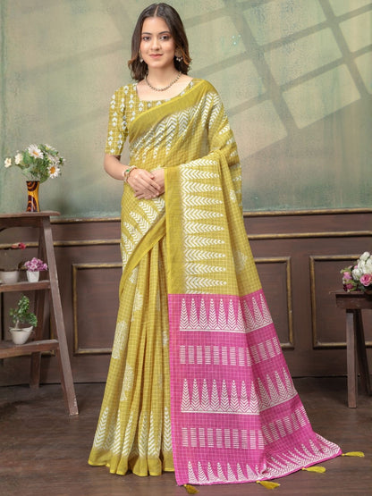 Rajwada Mustard Yellow Cotton Blend Printed Saree For Women