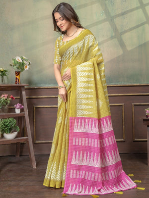 Rajwada Mustard Yellow Cotton Blend Printed Saree For Women