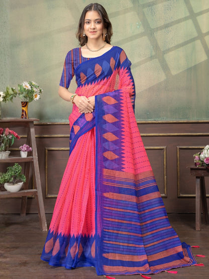 Rajwada Pink And Dark Blue Cotton Blend Printed Saree For Women