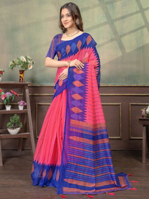 Rajwada Pink And Dark Blue Cotton Blend Printed Saree For Women