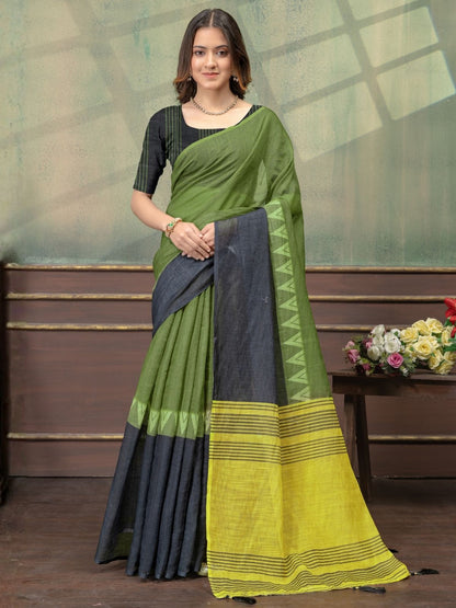 Rajwada Dark Green Cotton Blend Printed Saree For Women