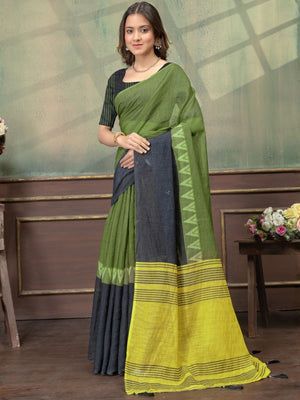 Rajwada Dark Green Cotton Blend Printed Saree For Women