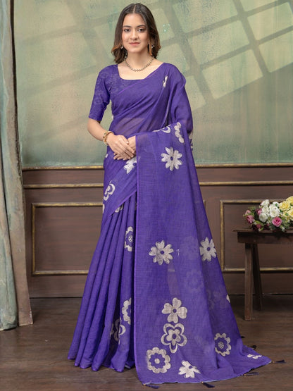 Rajwada Violet Cotton Blend Printed Saree For Women