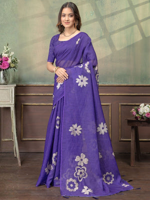 Rajwada Violet Cotton Blend Printed Saree For Women