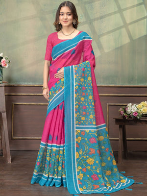 Rajwada Pink And Sky Blue Cotton Blend Printed Saree For Women