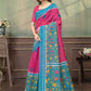 Rajwada Pink And Sky Blue Cotton Blend Printed Saree For Women