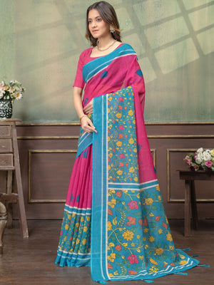 Rajwada Pink And Sky Blue Cotton Blend Printed Saree For Women