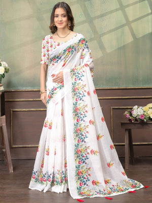 Rajwada White Cotton Blend Printed Saree For Women
