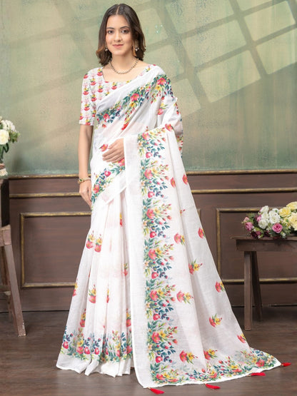 Rajwada White Cotton Blend Printed Saree For Women