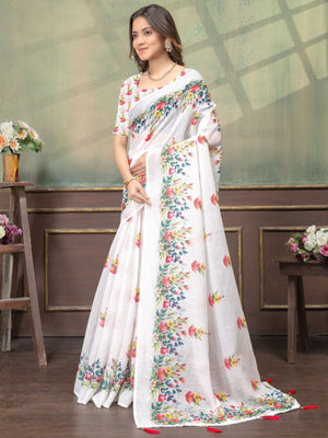 Rajwada White Cotton Blend Printed Saree For Women