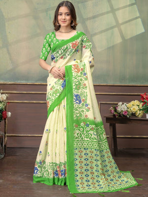 Rajwada Off White Cotton Blend Printed Saree For Women