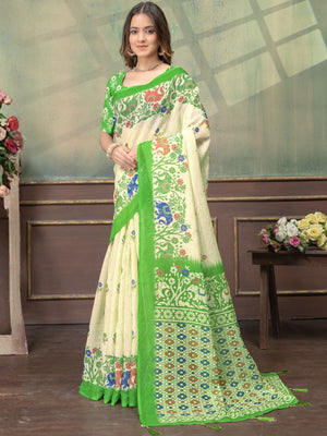 Rajwada Off White Cotton Blend Printed Saree For Women