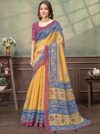Rajwada Mustard Yellow Cotton Blend Printed Saree For Women