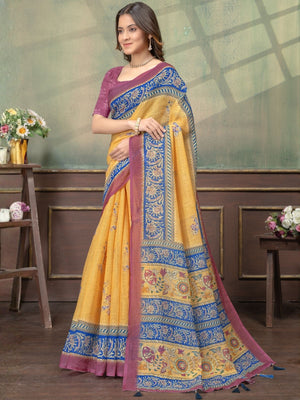Rajwada Mustard Yellow Cotton Blend Printed Saree For Women
