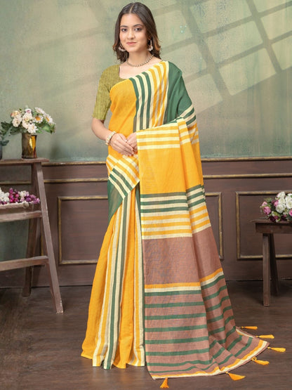 Rajwada Yellow And Green Cotton Blend Printed Saree For Women