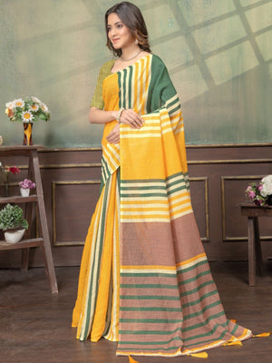 Rajwada Yellow And Green Cotton Blend Printed Saree For Women