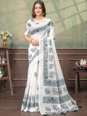 Rajwada White Cotton Blend Printed Saree For Women