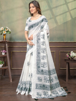 Rajwada White Cotton Blend Printed Saree For Women