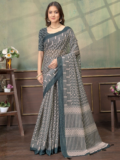 Rajwada Grey Cotton Blend Printed Saree For Women